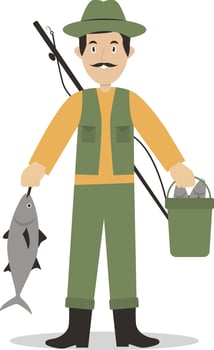 Fishing Male Character on White Background. vector