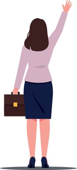 Businesswoman in a professional outfit waving goodbye while holding a briefcase, minimalist flat design art vector