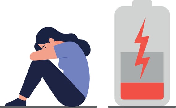 A woman sitting on the floor with her knees hugged to her chest beside a low battery icon in flat art vector
