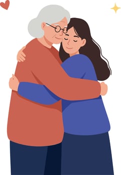 Two women embracing in a warm and loving manner, featuring a minimal design style, conveying affection and joy, illustration vector