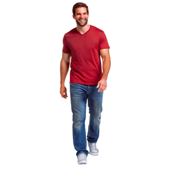 Happy young man walking in red vneck tshirt and blue jeans png