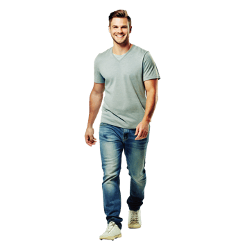 A happy young man walking in casual wear a stylish grey tshirt and blue jeans png