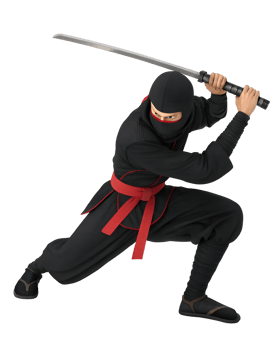 A 3D animated ninja crouching, ready to strike. isolated on a transparent background png