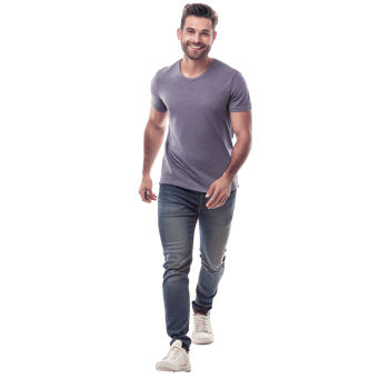 Happy Smiling Man Walking in Casual Wear Grey TShirt and Blue Jeans png
