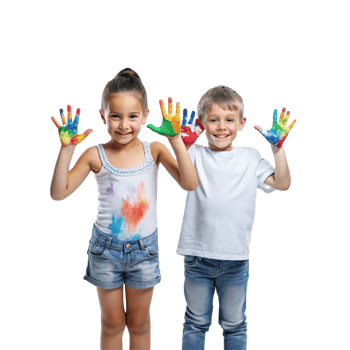 Two adorable children with colorful handprints showing off their creativity and playful nature png
