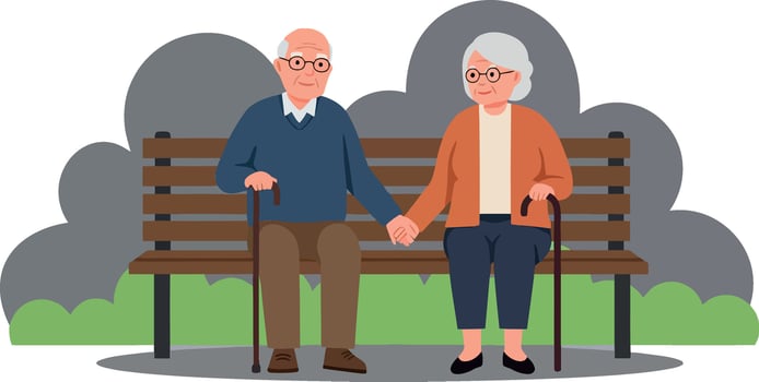 Elderly couple sitting on a park bench holding hands in a minimal illustration vector
