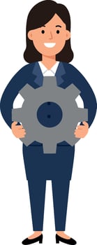 Businesswoman holding a large gear in a professional setting, flat illustration vector