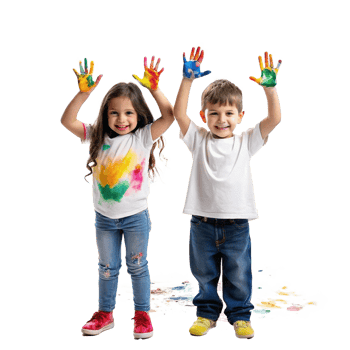 Two Adorable Children with Paint on Their Hands and Clothes Having Fun Playing png
