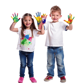Two adorable children with colorful handprints showing off their creative artwork png