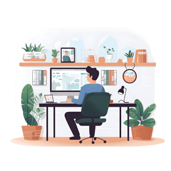 Home office productivity man working at desk surrounded by plants indoor setting digital workspace personal development png
