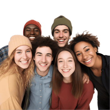 Joyful group of friends celebrating together urban setting portrait lively atmosphere candid perspective friendship concept png