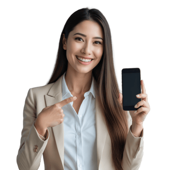 Confident Professional Woman Pointing at Phone Business Technology Concept png