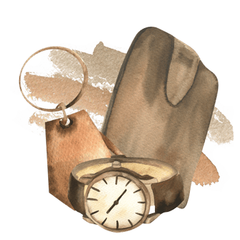 Gentlemen leather wallet, wrist watch and keychain on watercolor splash illustration. Hand drawn male clipart, hipster accessories painting for poster, card, packing design png