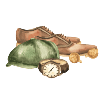 Gentlemen office leather shoes, green cap, wrist watch and cufflinks watercolor arrangement. Hand drawn male accessories clipart isolated, brutal hipster painting for birthday,poster,gift packing png