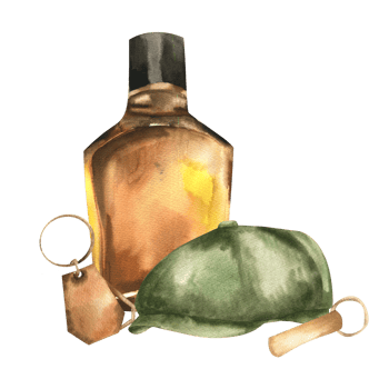 Watercolor whiskey bottle, green male cap and accessories illustration. Hand drawn gentlemen and hipster clipart template for father's day card, birthday, bachelor party invitation design png