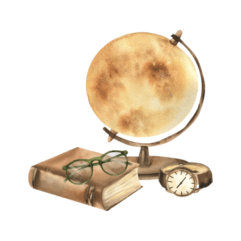 Vintage brown globe, book, green glasses and leather wrist watch watercolor composition. Hand drawn gentlemen, hipster clipart, male accessories for interior poster, card, wallpaper, packing design png