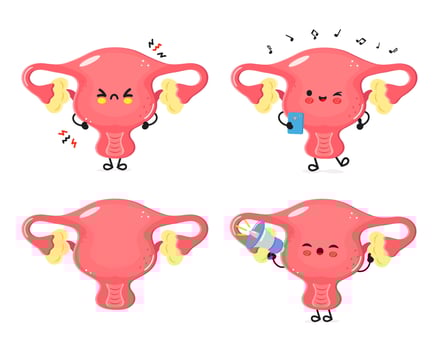 Cartoon Uterus characters with diverse emotions and actions vector