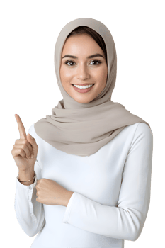 Beautiful muslim woman in hijab pointing finger upward with a radiant smile and modern look png