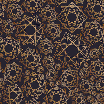 Abstract seamless pattern with geometric shapes drawn with golden contour lines on black background. Geometrical ornamental backdrop. illustration for wrapping paper, fabric print, wallpaper vector