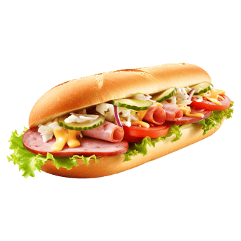 Hearty sub roll loaded with ham, cheese, lettuce, and tomato on transparent background png