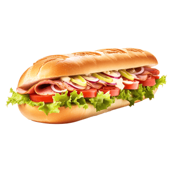Tasty hoagie sandwich with ham, cheese, lettuce, and tomato on a fresh baguette cutout png