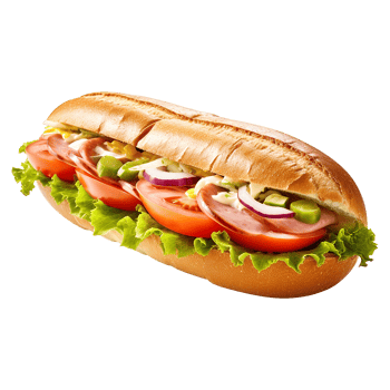 Delicious stacked sub sandwich with ham, cheddar cheese, and garden-fresh toppings isolated on transparent background png