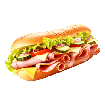 Hearty submarine sandwich loaded with ham, melted cheese, and fresh veggies isolated png