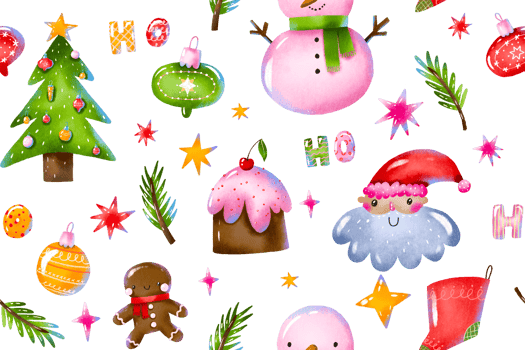 Holly Christmas noel hand drawn cartoon seamless pattern. Magic fairy december celebrate. Merry christmas and happy new year endless background. Winter holidays textile print, wrap, decor png