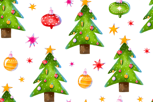 Evegreen spruce fir tree toy balls seamless pattern. Cartoon hand drawn Winter mood holidays. Christmas endless background. Happy holidays design print wrap png