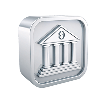 3D-rendered bank icon with bold columns and a dollar sign, encased in a square frame, representing financial institutions and wealth png