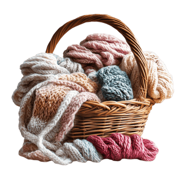 Cozy woven basket filled with colorful knitted blankets creates a warm and inviting scene png