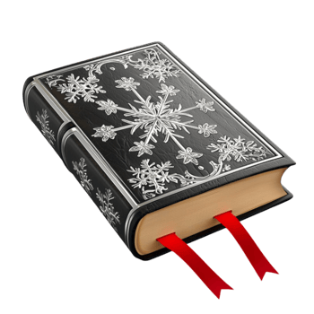 black book with intricate silver snowflake patterns and red bookmarks looks mysterious png