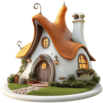 Enchanting fairytale cottage with a curved roof and tiny windows looks cozy and magical png