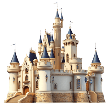 Majestic fairytale castle with golden spires stands tall in a magical kingdom png