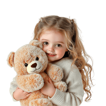 Smiling little girl hugs a teddy bear with joy and warmth png
