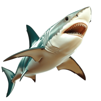 Powerful great white shark swimming forward with sharp teeth and piercing eyes png
