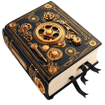 Ornate black and gold book with intricate metallic details and a mysterious lock png