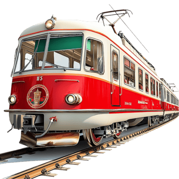 red tram moving on tracks with a vintage and design png
