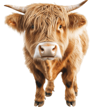 Fluffy Highland cow with long curved horns gazes with a gentle expression png
