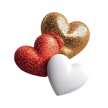 Three heartshaped cushions with red gold and white glitter textures glow warmly png