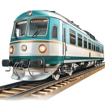 A teal and silver passenger train moves swiftly on its tracks with sleek design png