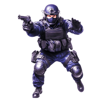 Tactical Law Enforcement Officer Engaging in Action Pose with Gun png
