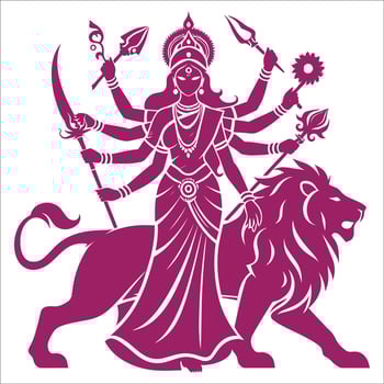 Powerful Goddess Durga Illustration with Multiple Arms Holding Weapons, Divine Feminine Energy Riding a Lion, Spiritual Hindu Mythology Artwork for Religious Decor and Worship vector