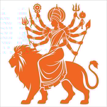 Hindu Goddess Durga on Lion with Multiple Arms Holding Weapons, Divine Warrior Maa Durga Symbol of Strength and Protection, Navratri Festival Spiritual Icon vector