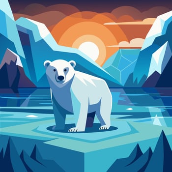 Polar Bear on Melting Ice Arctic Sunset. vector