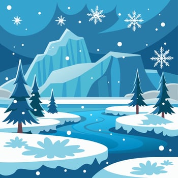 Snowy Mountain River Winter Landscape Flat Style Illustration. vector