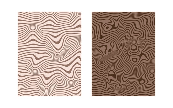 Mocca mousse liquify backgrounds. Coffee colors. Modern abstract marble posters. Hypnotic wavy lines. Psychedelic acrylic texture. Hippie groovy swirls, spirals. Banner, placard template. vector