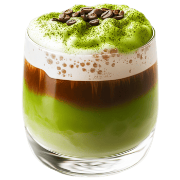 A layered coffee drink with a frothy green matcha topping is served in a glass png
