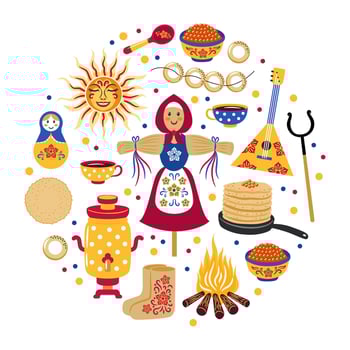 Russian Masnenitsa or Shrovetide circle shape. Set of slavic sun, pancakes, scarecrow, samovar, matryoshka. Colorful illustrations for decoration banners, posters. vector
