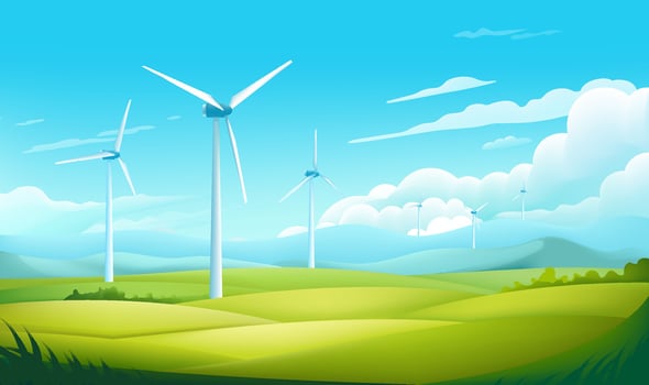 Environmental protection banner design wind turbines and grass blue sky white clouds vector
